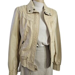 Anthropologie Leather Jacket Idra Women's Xs | S Beige Zip Bomber Boho Retro Y2K